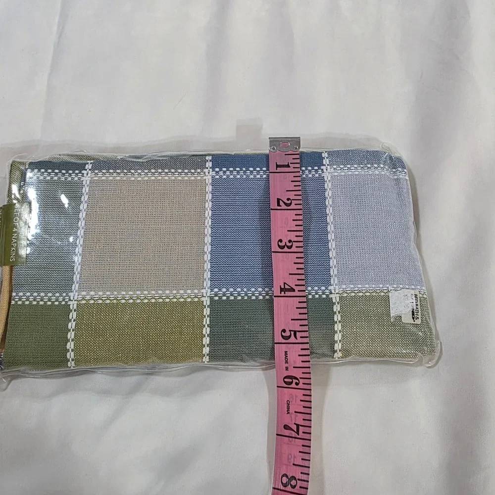 Bed Bath & Beyond Patchwork Plaid Napkin Set of 4 Green Blue Tan Woven Cloth VTG
